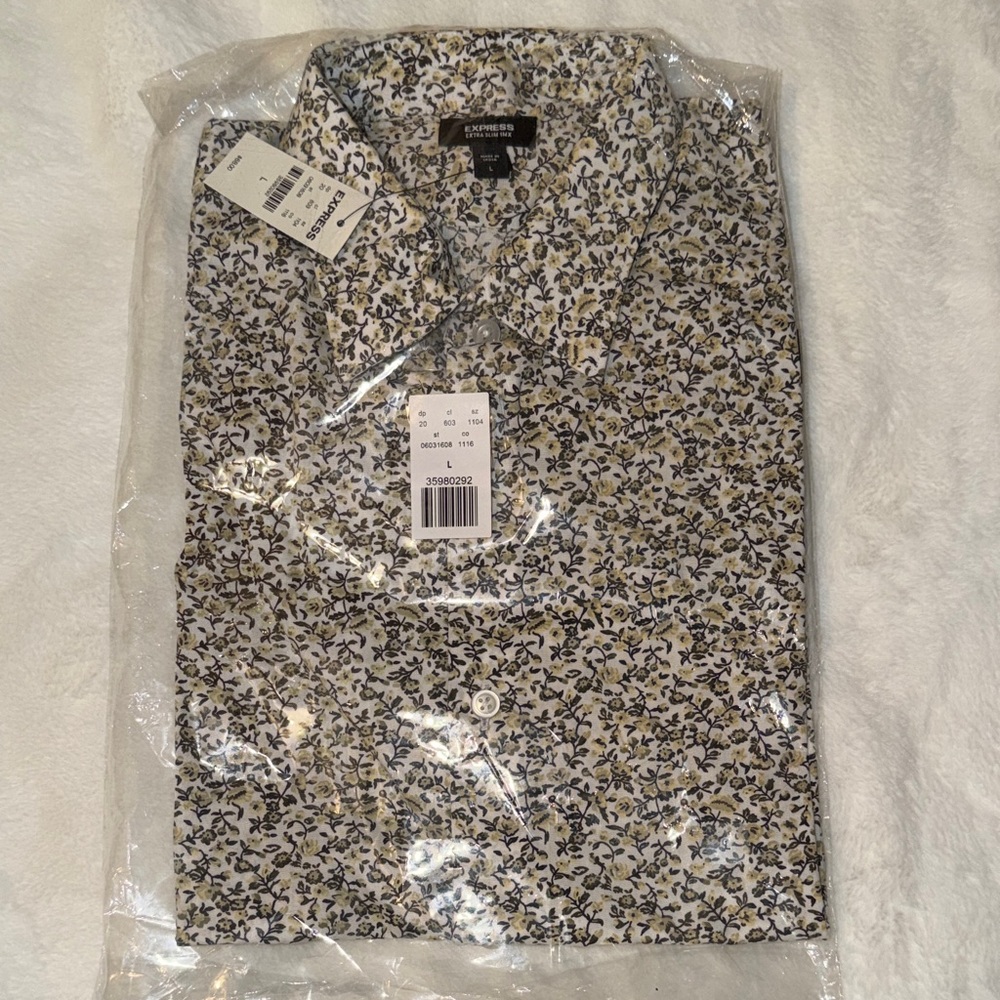 Express Men's Button Down Shirt - Black and Cream Floral